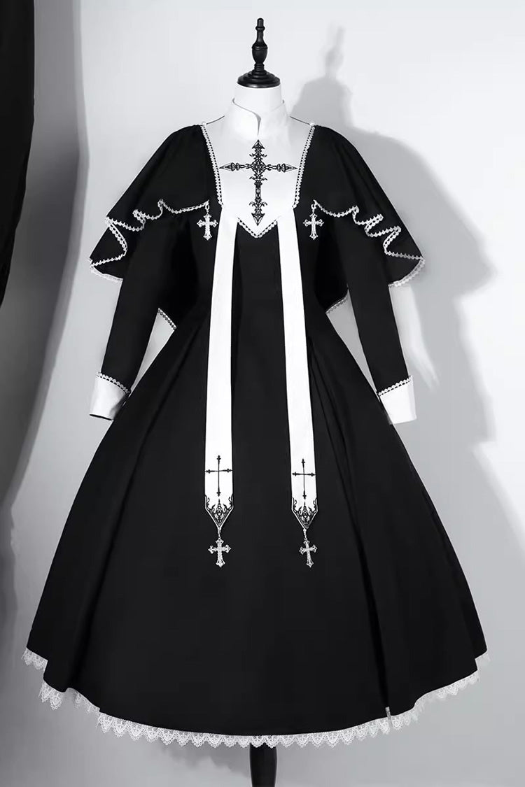 Black [Nun] Long Sleeves Print Stitching Lace Gothic Elegant Lolita Dress - Product - 3