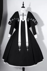 Black [Nun] Long Sleeves Print Stitching Lace Gothic Elegant Lolita Dress - Product - 3