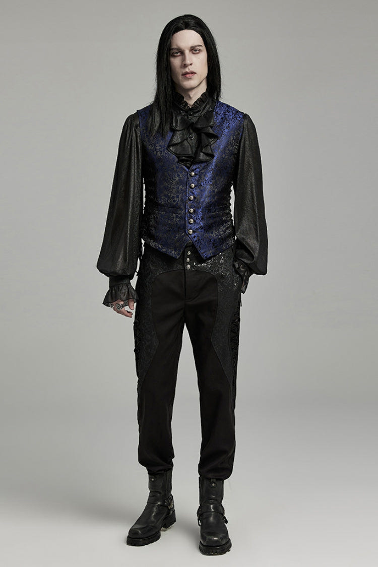Black/Blue V Collar Jacquard Lace-Up Men's Gothic Vest - Product - 4