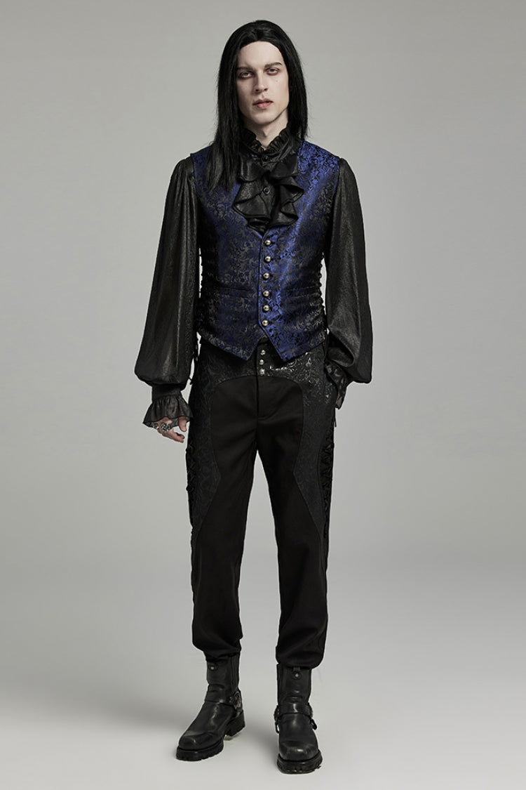 Black/Blue V Collar Jacquard Lace-Up Men's Gothic Vest - Product - 4