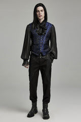 Black/Blue V Collar Jacquard Lace-Up Men's Gothic Vest - Product - 4