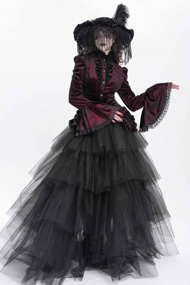 Red Stand Collar Long Trumpet Sleeves Ruffle Swallow-tailed Women's Gothic Blouse - Product - 11
