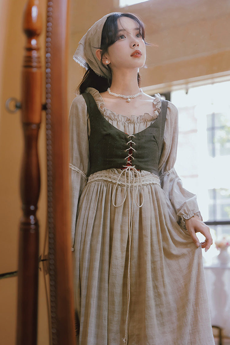 Khaki French Style Round Collar Long Sleeves Printed Classic Vintage Lolita Dress - Product - 9