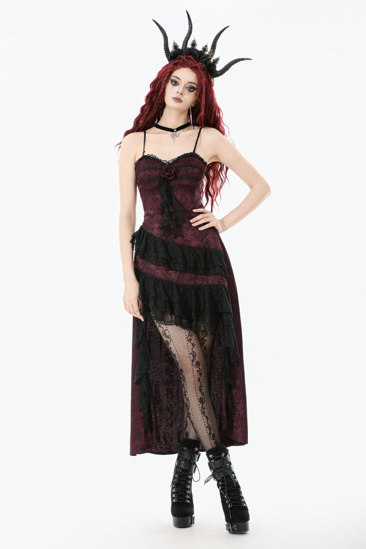 Black/Red Rose Irregular Multi-Layered Lace Ruffled Women's Gothic Slip Dress Wedding Dress - Product - 8