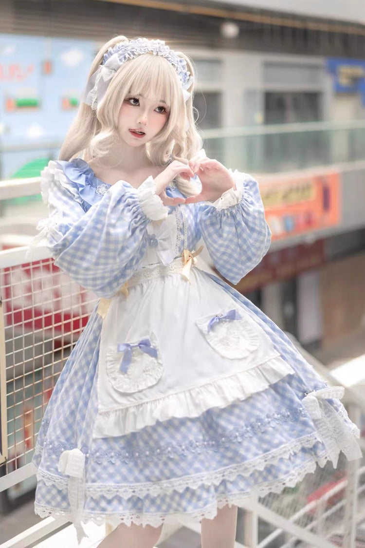 Blue Plaid Print Long Sleeves Bowknot Lace Sweet Lolita Dress - Blue - 1