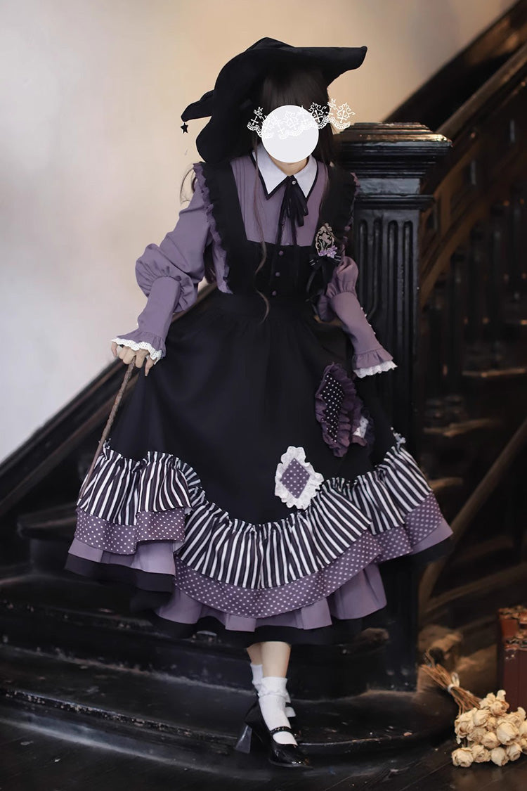 Black [Witch Academy] Double-Layered Stripe Print Ruffle Bowknot Irregular Sweet Lolita Jumper Dress - Product - 2