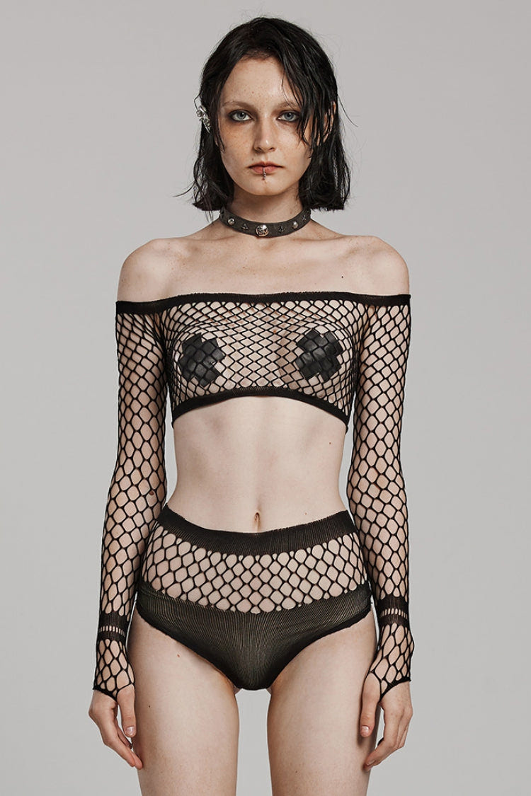 Black Off Shoulder Long Sleeves Slim Mesh Women's Punk Lingerie Set - Black - 1