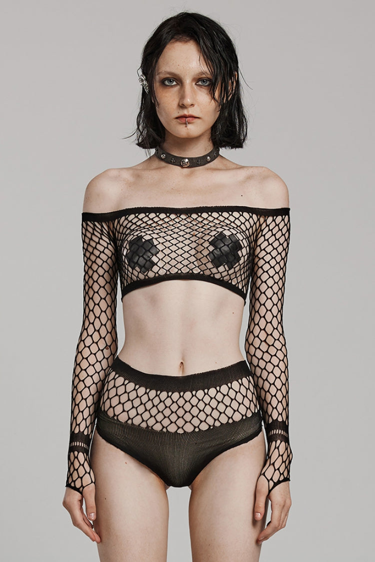 Black Off Shoulder Long Sleeves Slim Mesh Women's Punk Lingerie Set - Black - 1