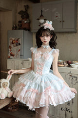 Blue [Candy Satin Ballet] Square Collar Sleeveless Multi-Layered Ruffled Bow Lace Pearl Detail Sweet Lolita Jsk Dress - Product - 2