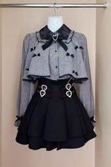 Black/Grey Long Sleeves Ruffled Double Heart Buckle Japanese Jirai Kei Set - Black/Grey - 1