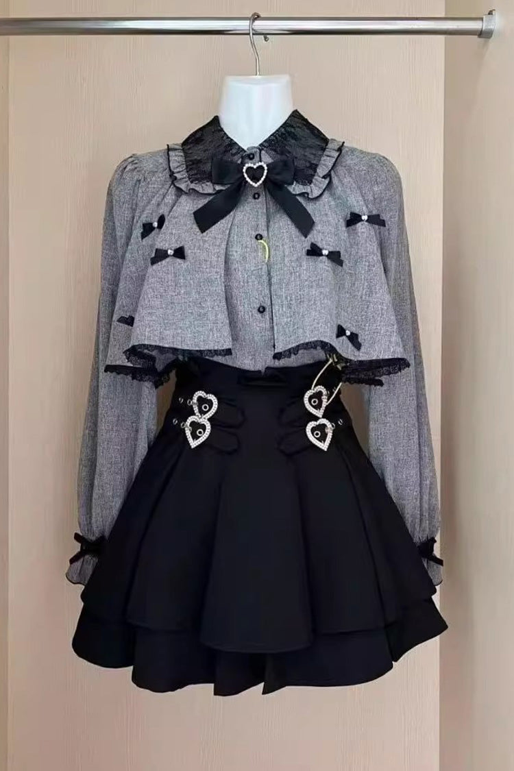 Black/Grey Long Sleeves Ruffled Double Heart Buckle Japanese Jirai Kei Set - Black/Grey - 1