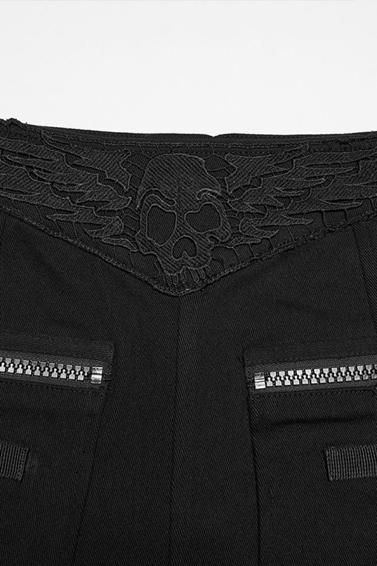 Black Embroidered Zippered Women's Punk Skull Embroidered Cool Big Pocket Skirt - Product - 11