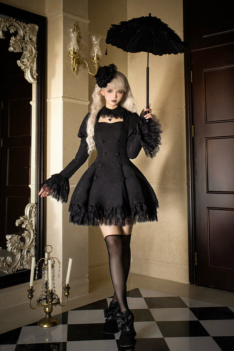 Black [Midnight Whisper] Double-breasted Short Sleeves Hollow Gothic Lolita Dress - Product - 5