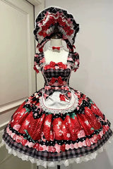 [Dream to Strawberry] Print Short Sleeves Ruffle Bowknot Lace Sweet Lolita OP Dress 4 Colors - Black/Red - 5