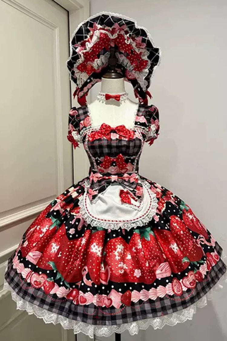 [Dream to Strawberry] Print Short Sleeves Ruffle Bowknot Lace Sweet Lolita OP Dress 4 Colors - Black/Red - 5