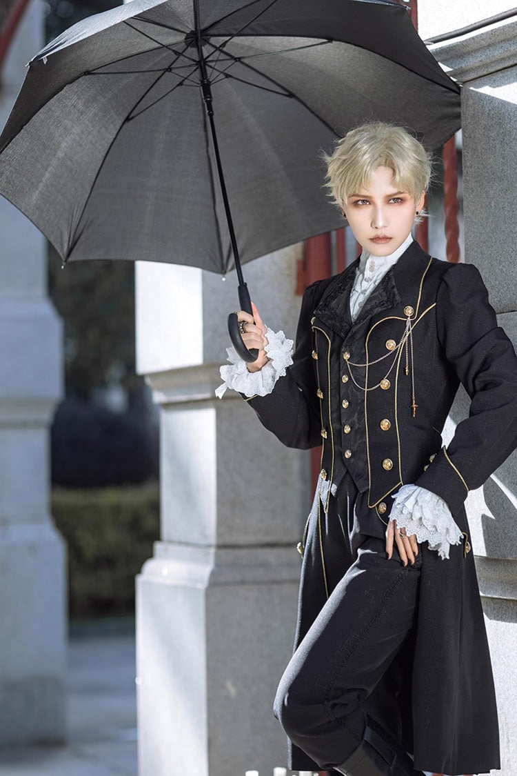 Prince Retro Immortal Black and White Rose Single Breasted Ouji Fashion Lolita Coat - Product - 12