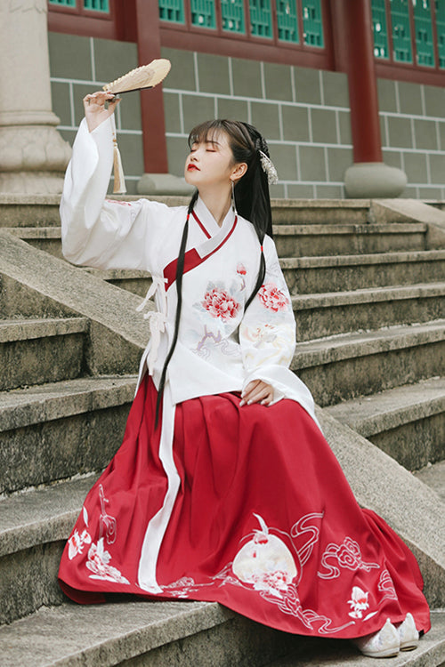Red/White Chinese Style Ming Dynasty Ancient Costume Cross Collar Handmade Embroidery Sweet Hanfu Dress Two Piece - Product - 4