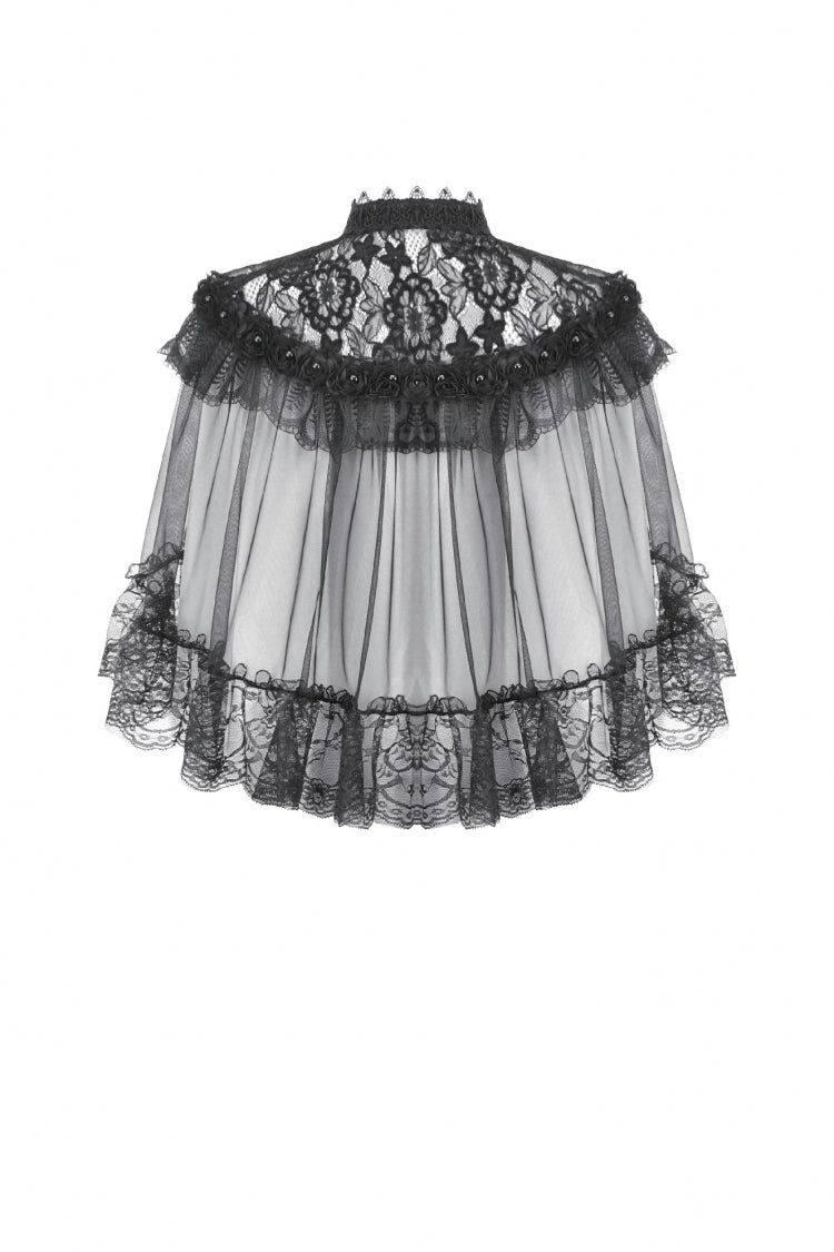 Black Sleeveless Ruffled Lace Spliced Mesh Women's Gothic Cape - Product - 18