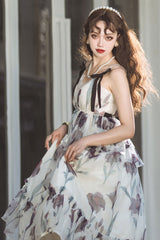 Ivory [Black Lily] V Collar Sleeveless Multi-Layered Printed Ruffled Bow Sweet Lolita Jsk Dress - Product - 2