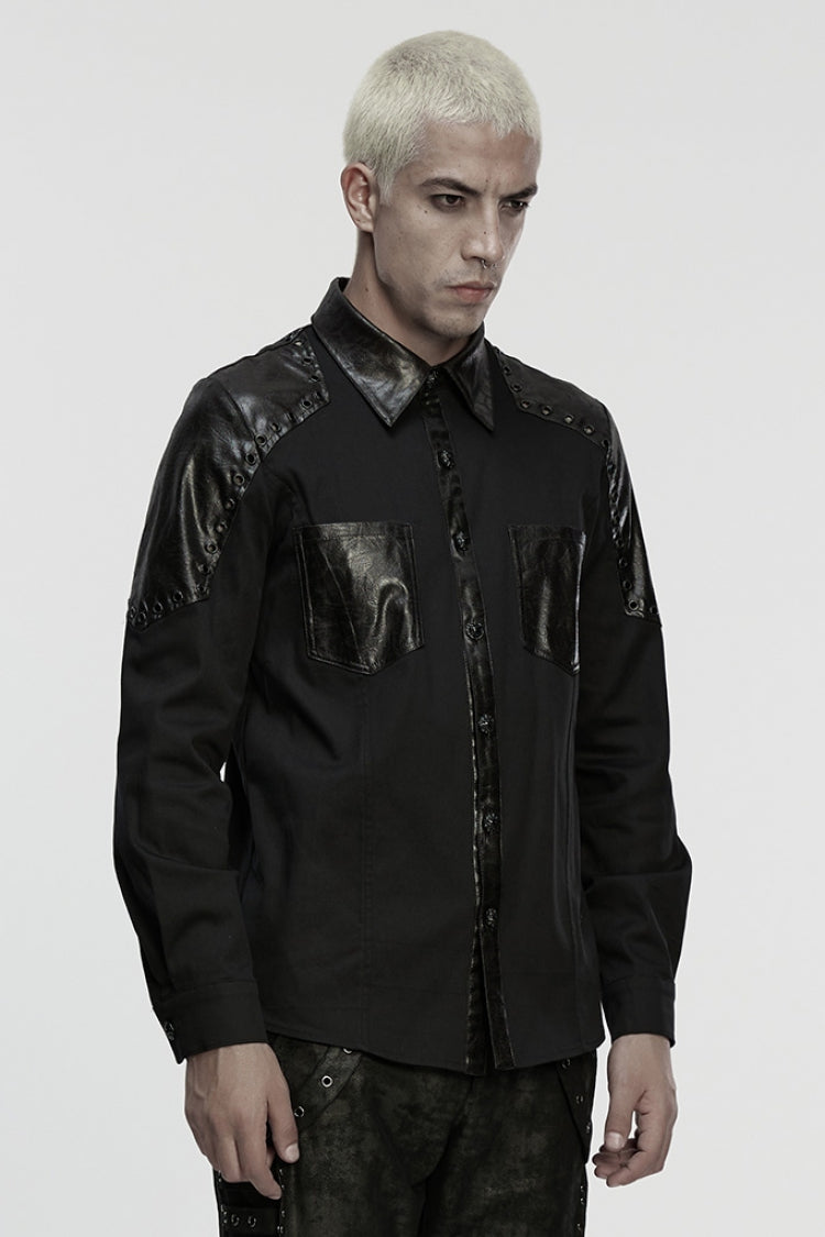 Black Lapel Collar Long Sleeves Stitching Eyelet Men's Punk Blouse - Product - 2