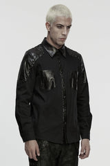Black Lapel Collar Long Sleeves Stitching Eyelet Men's Punk Blouse - Product - 2
