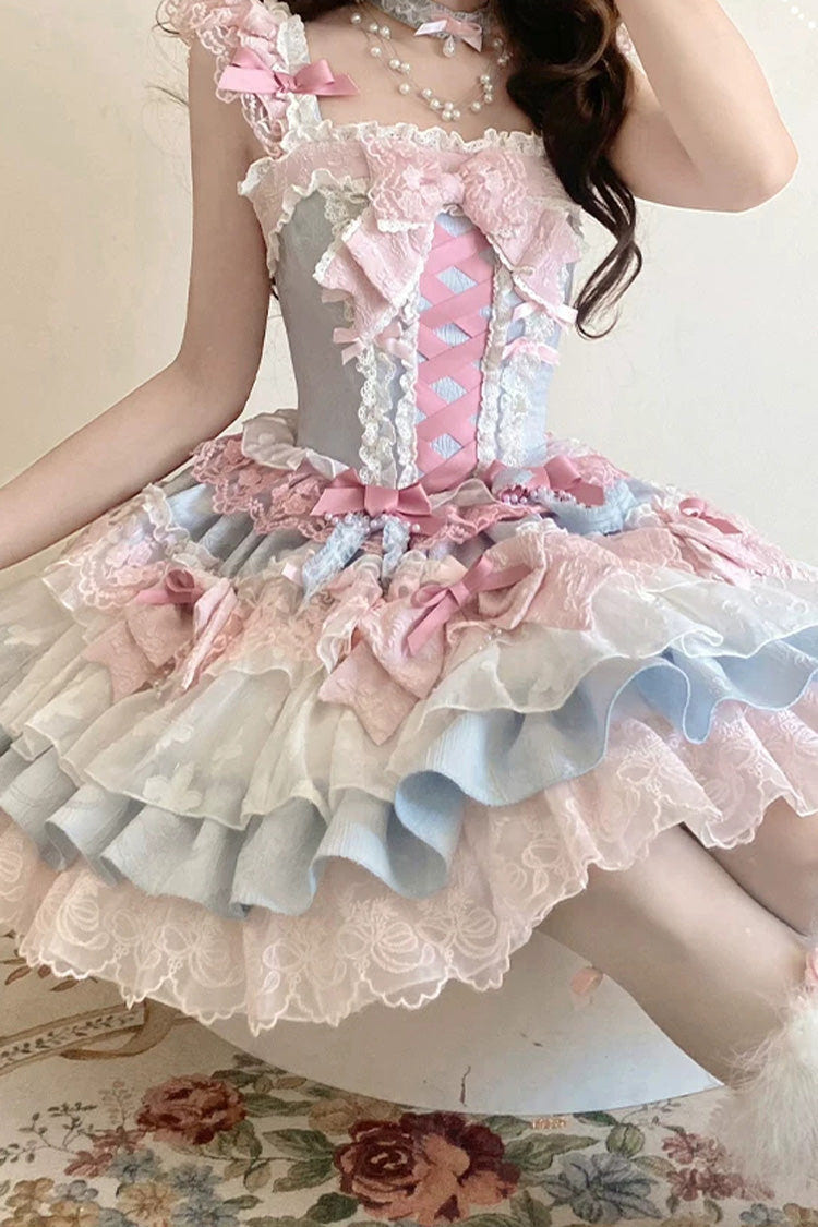 Blue/Pink [Honey Sweet Tart] Square Collar Sleeveless Multi-Layered Jacquard Ruffled Bow Lace Lace-Up Lolita Jsk Dress - Product - 3