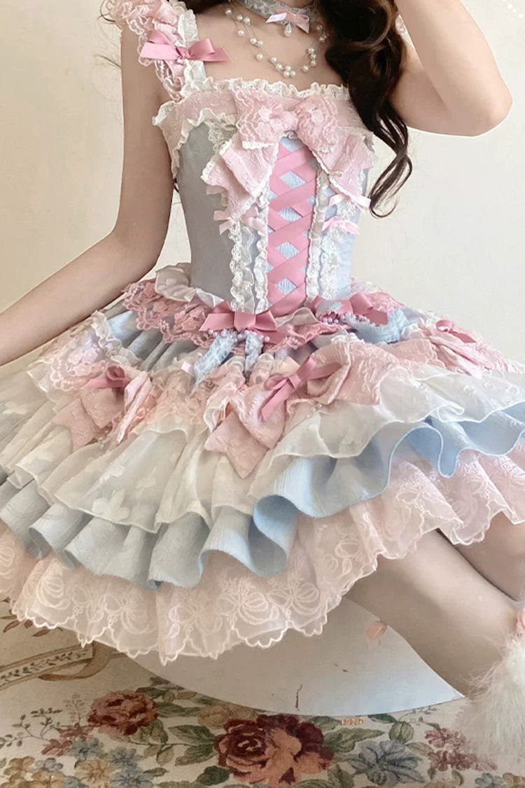Blue/Pink [Honey Sweet Tart] Square Collar Sleeveless Multi-Layered Jacquard Ruffled Bow Lace Lace-Up Lolita Jsk Dress - Product - 3