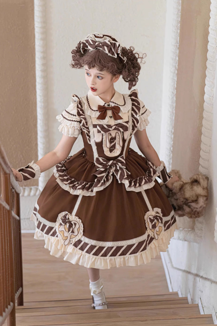 Brown Short Sleeves Print Ruffle Bowknot Sweet Princess Lolita Jsk Dress Set - Product - 7