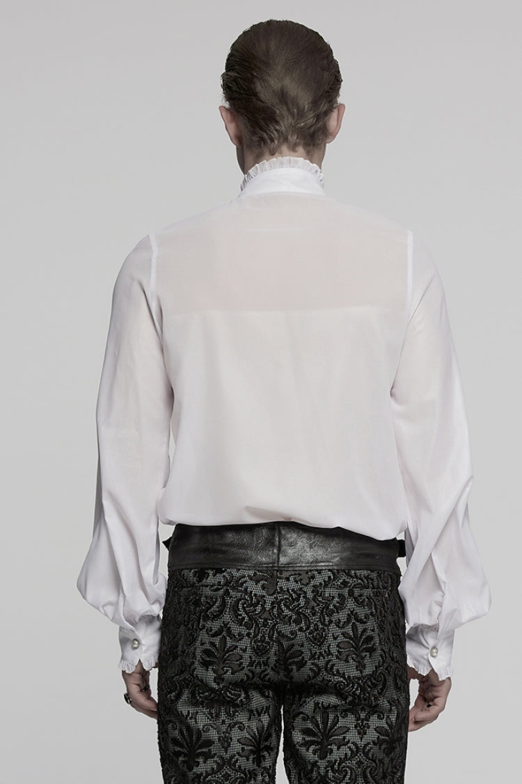 White Stand Collar Long Sleeves Ruffle Embroidery Men's Gothic Blouse - Product - 3
