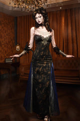 Black Gilded European Style V Collar Sleeveless Print Ruffle Lace Slim Gothic Lolita Jsk Dress - Product - 3