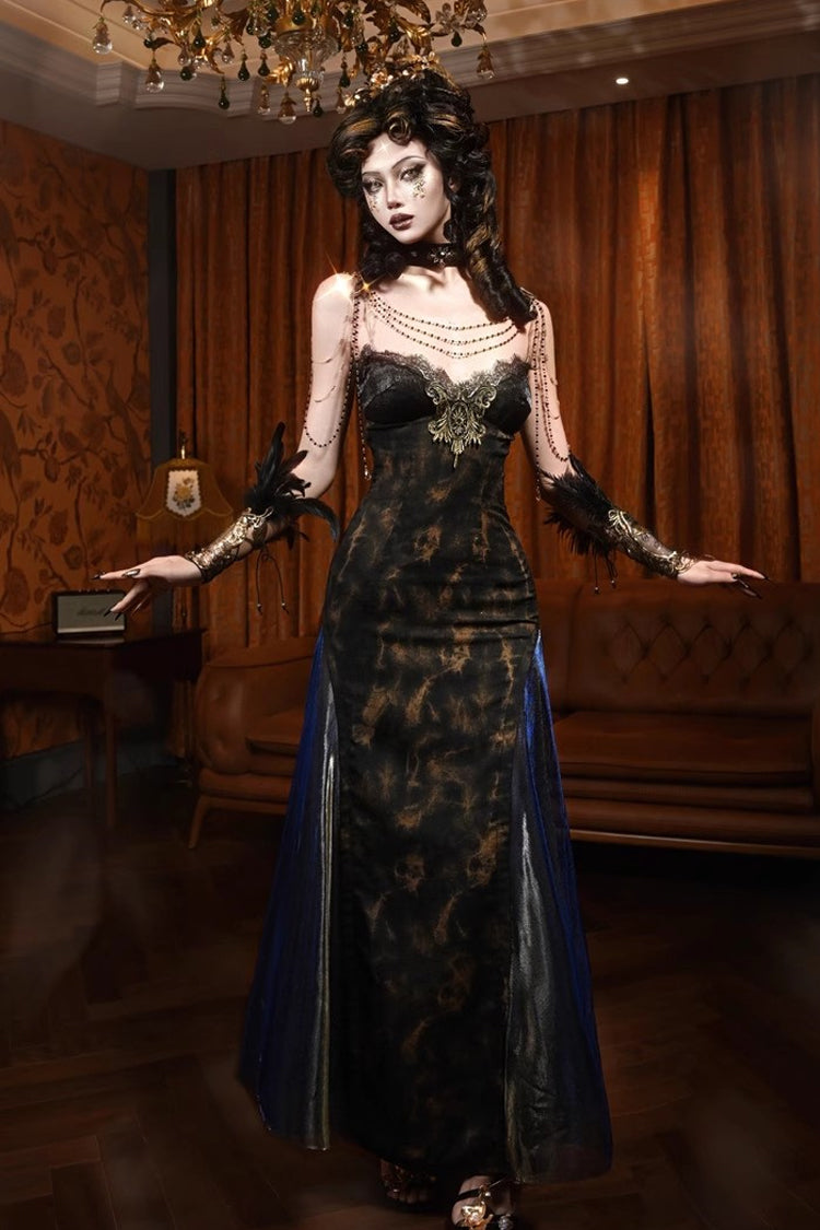 Black Gilded European Style V Collar Sleeveless Print Ruffle Lace Slim Gothic Lolita Jsk Dress - Product - 3