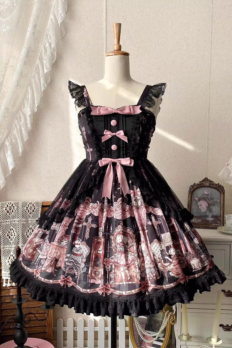 Black [The Case of the Missing Lamb] Print Ruffle Bowknot Lace Gothic Lolita Jsk Dress - Product - 4