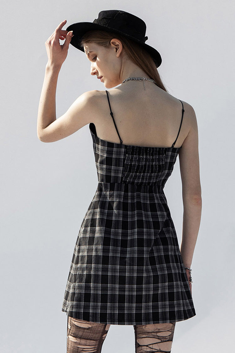 Black/White Plaid Skull Studded Belt Women's Punk Suspender Dress - Product - 3