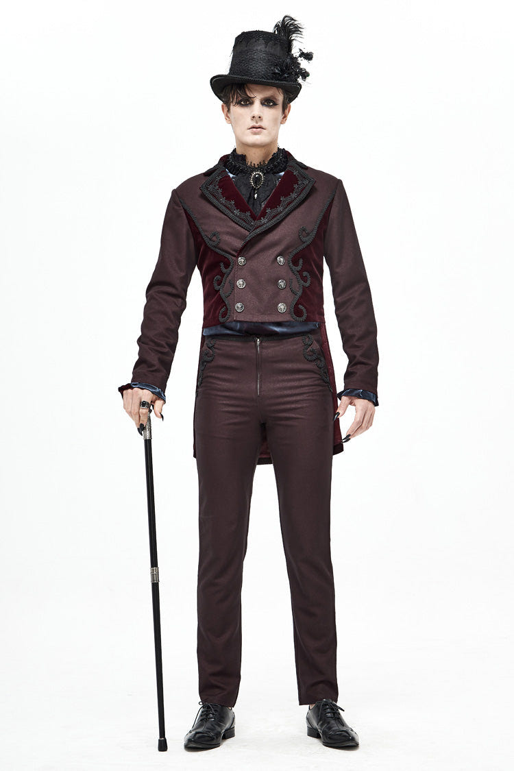 Red Front Floral Webbing Metal Retro Button Weft Velveteen Men's Gothic Tailcoat - Product - 3