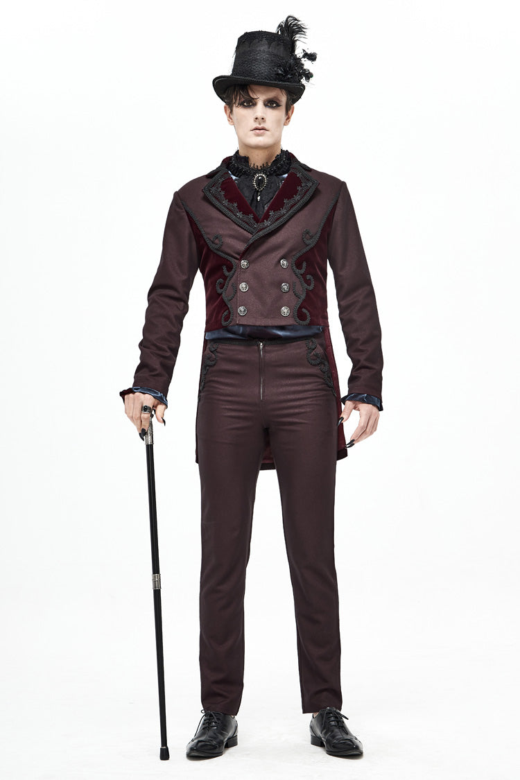 Red Front Floral Webbing Metal Retro Button Weft Velveteen Men's Gothic Tailcoat - Product - 3