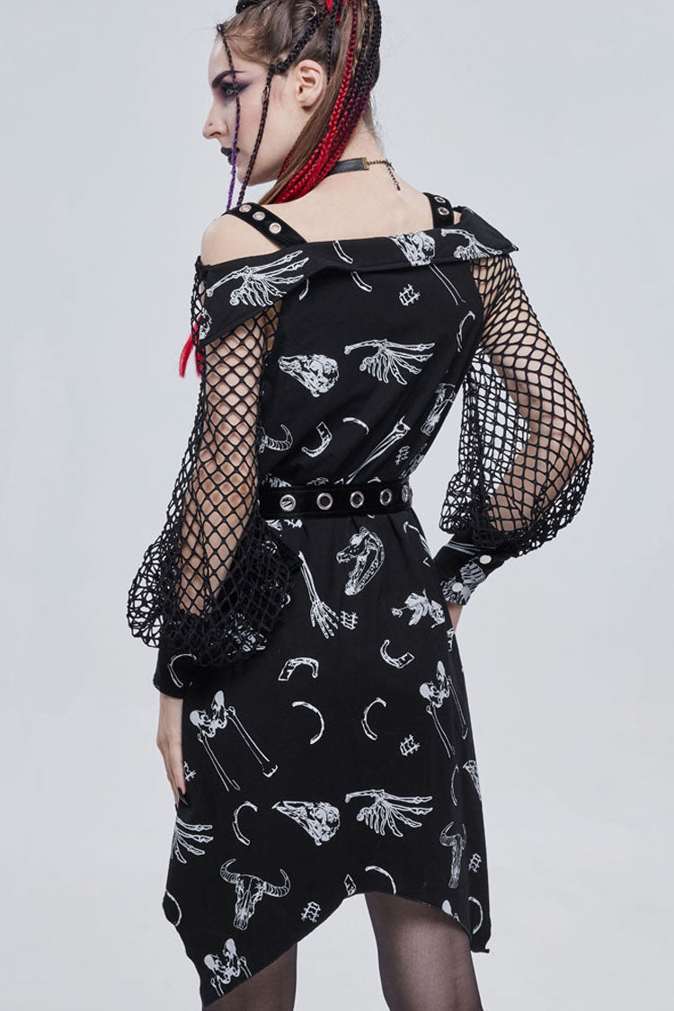 Black Gothic Knit Bone Print Sling Metal Grommet Strap Design Long Sleeve Women's Dress - Product - 5