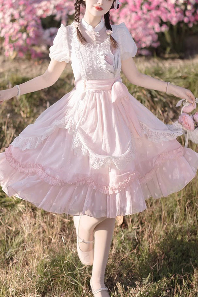 Pink Chinese Style Short Sleeves Princess Ruffle Sweet Lolita Dress - Pink - 1