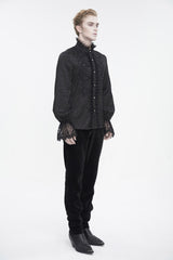 Black Stand Collar Puff Sleeved Lace Splice Men's Gothic Shirt - Product - 5
