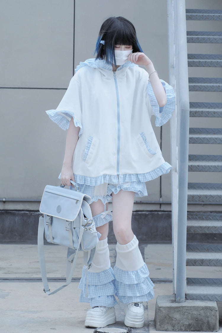 White/Blue [Heart Signal] Short Sleeves Plaid Print Jirai Kei Coat - Product - 2