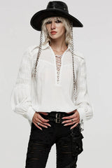 Women's Turn-down Collar Long Sleeves Lace Ruched Gothic Blouse 2 Colors - Product - 5