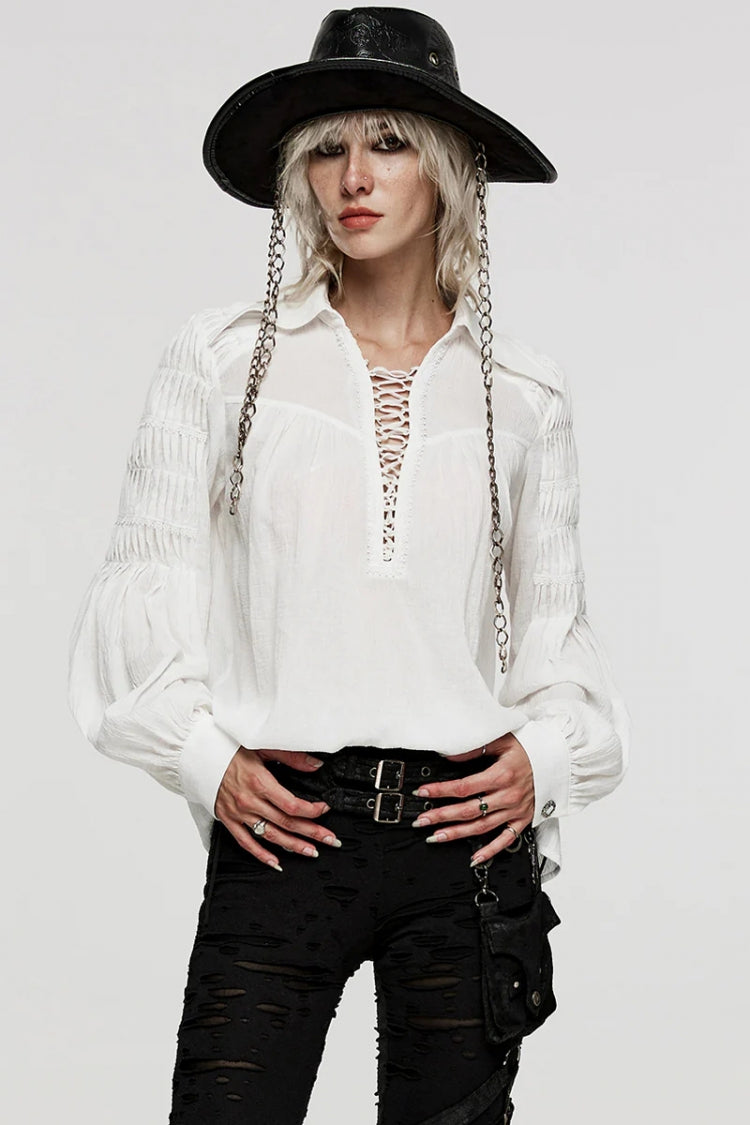Women's Turn-down Collar Long Sleeves Lace Ruched Gothic Blouse 2 Colors - Product - 5