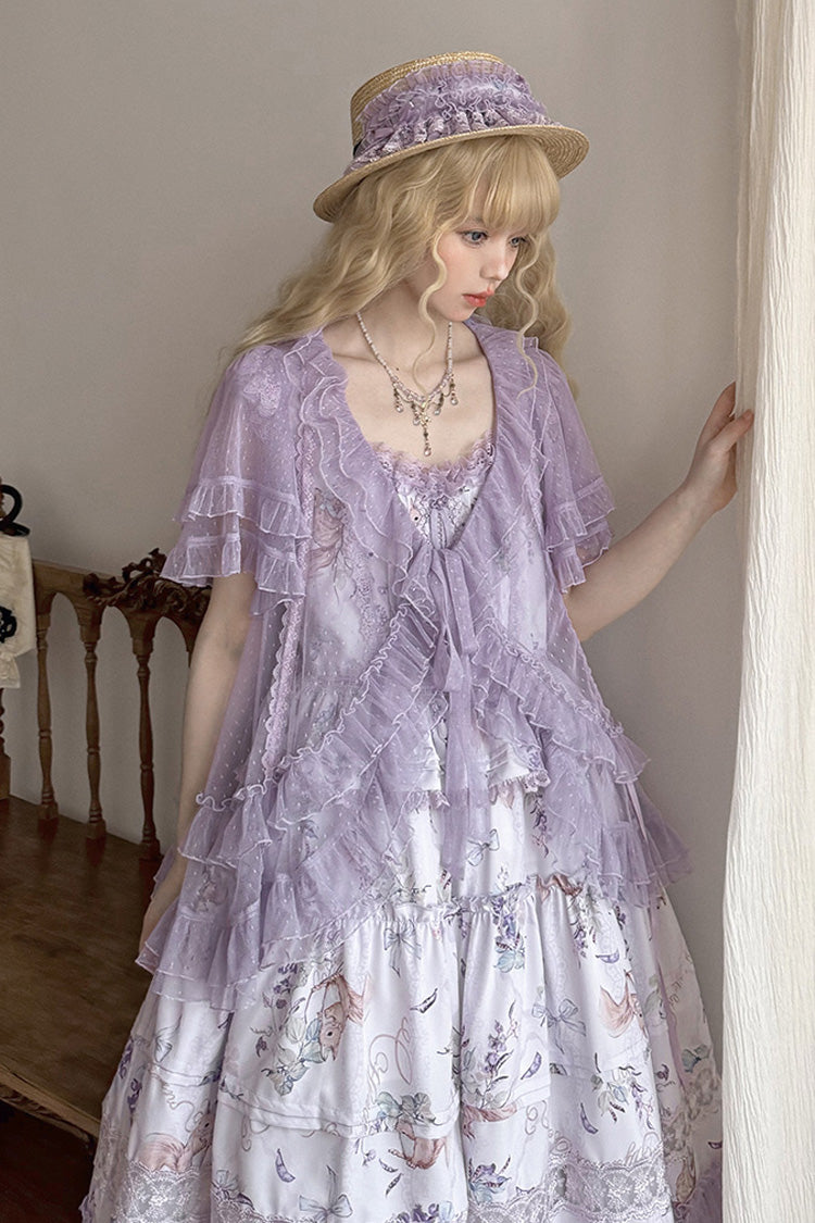 Purple [Pea Squirrel] Sleeveless Multi-Layered Pastoral Print Ruffle Embroidery Lace Sweet Elegant Lolita Jsk Dress - Product - 8