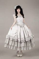 Solid Color [Bionic Doll] Square Collar Multi-Layered Ruffle Bowknot Lace-Up Gothic Lolita Long Skirt Corset Set - Product - 25