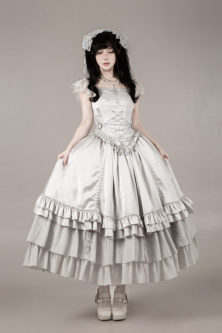 Solid Color [Bionic Doll] Square Collar Multi-Layered Ruffle Bowknot Lace-Up Gothic Lolita Long Skirt Corset Set - Product - 25