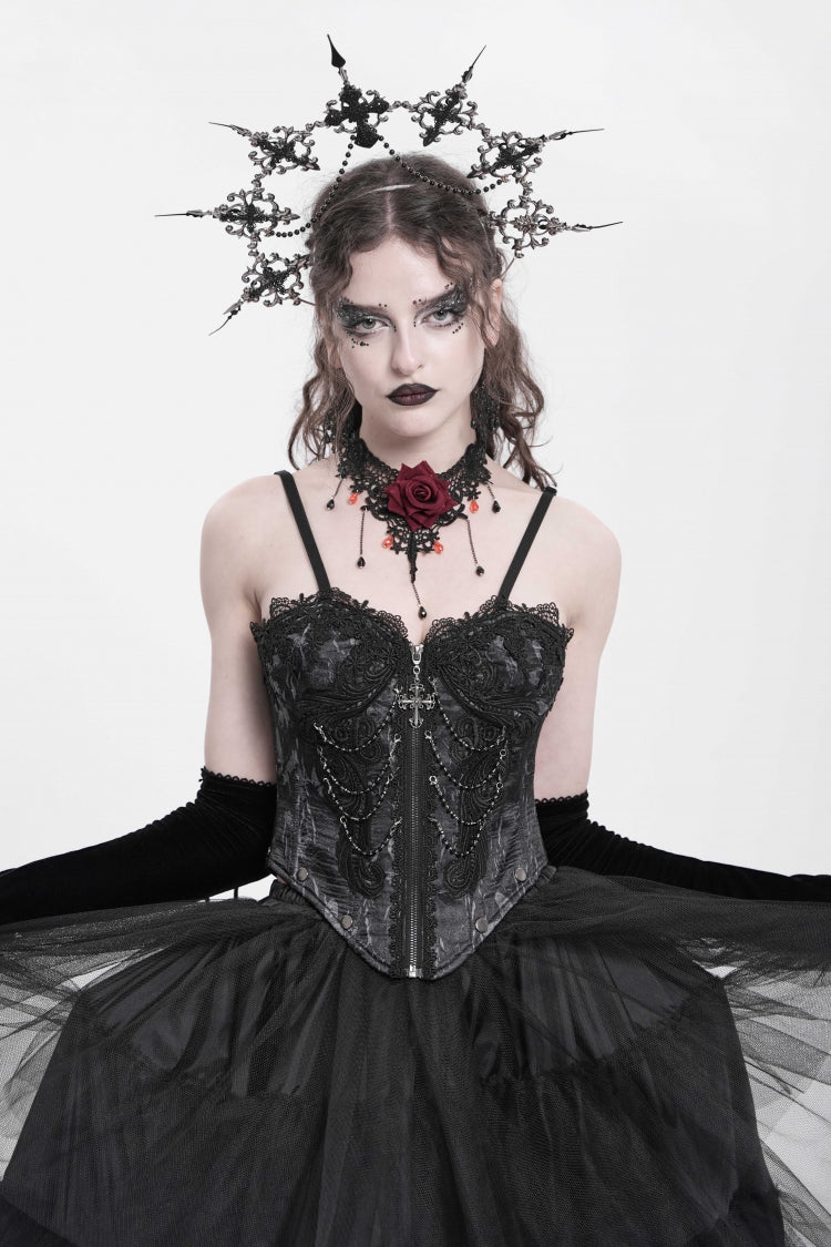 Black Sleeveless Embroidery Lace Chain Women's Gothic Vest - Product - 3
