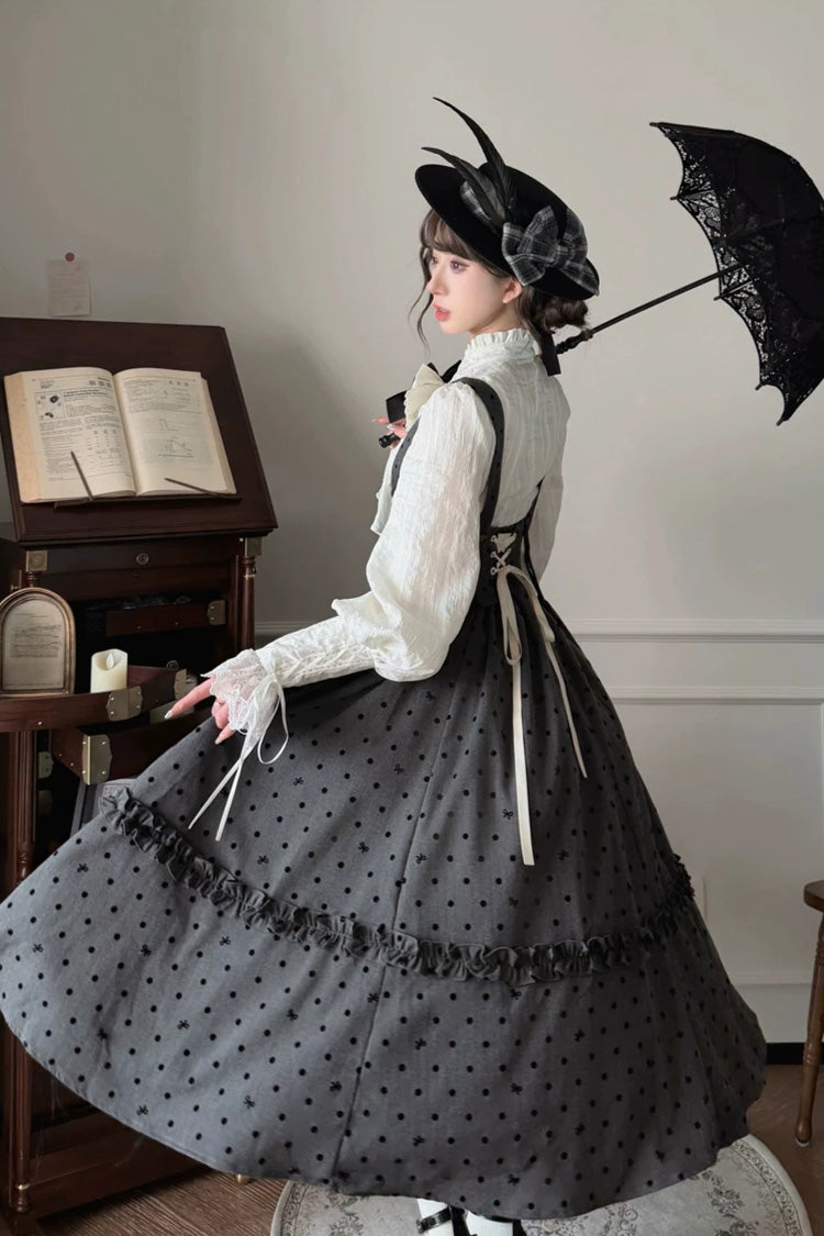 Black [Chapter Seven] Polka Dots Printed Fishbone Classic Elegant Princess Lolita Strap Dress - Product - 4