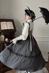 Black [Chapter Seven] Polka Dots Printed Fishbone Classic Elegant Princess Lolita Strap Dress - Product - 4