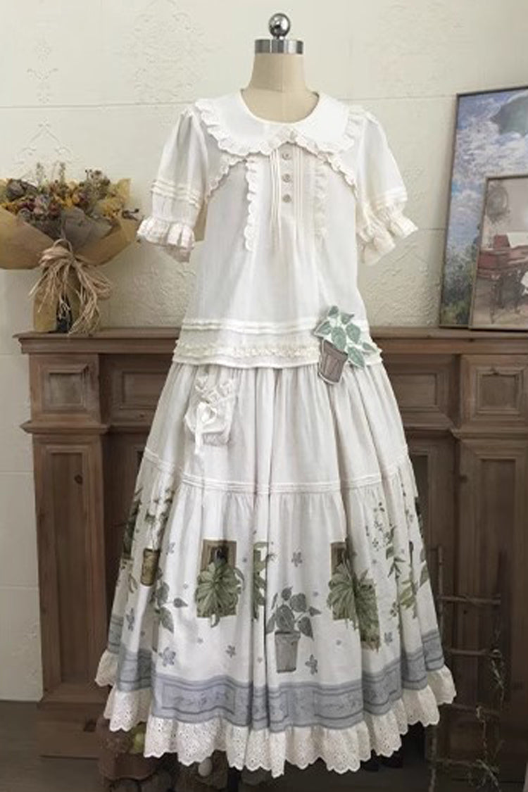 Ivory [Potted Plant] Print Ruffle Sweet Lolita Skirt - Product - 4