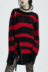 Striped Print Long Sleeves Mesh Ripped Women's Steampunk Knitted Sweater 2 Colors - Black/Red - 8