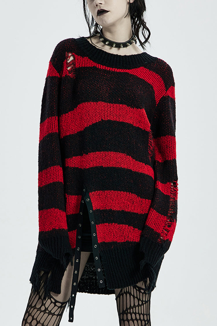Striped Print Long Sleeves Mesh Ripped Women's Steampunk Knitted Sweater 2 Colors - Black/Red - 8